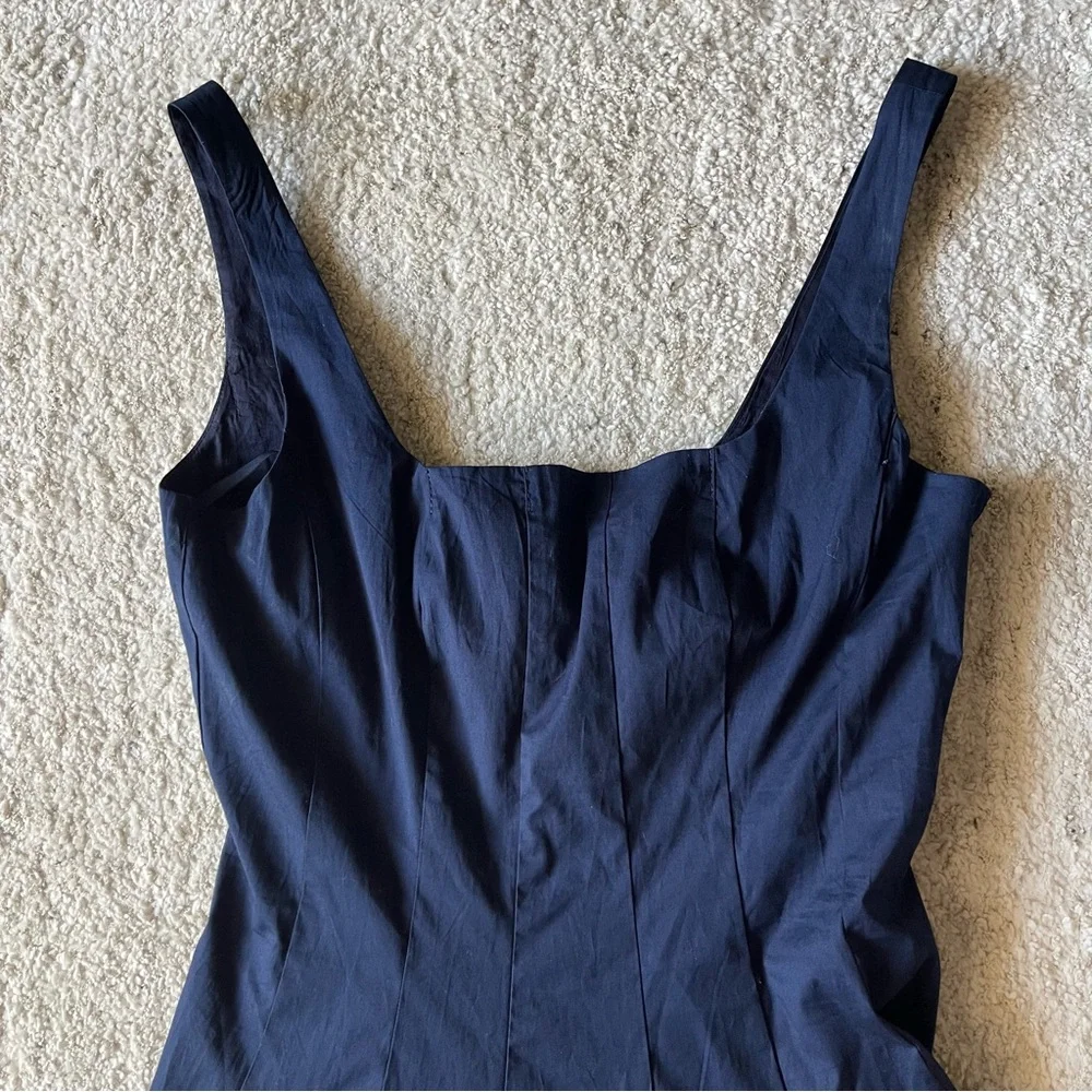 ✨NEW✨ STAUD Wells Midi Dress Navy Blue Classic Stretch Cotton Poplin Fit & Flare - Picture 3 of 9